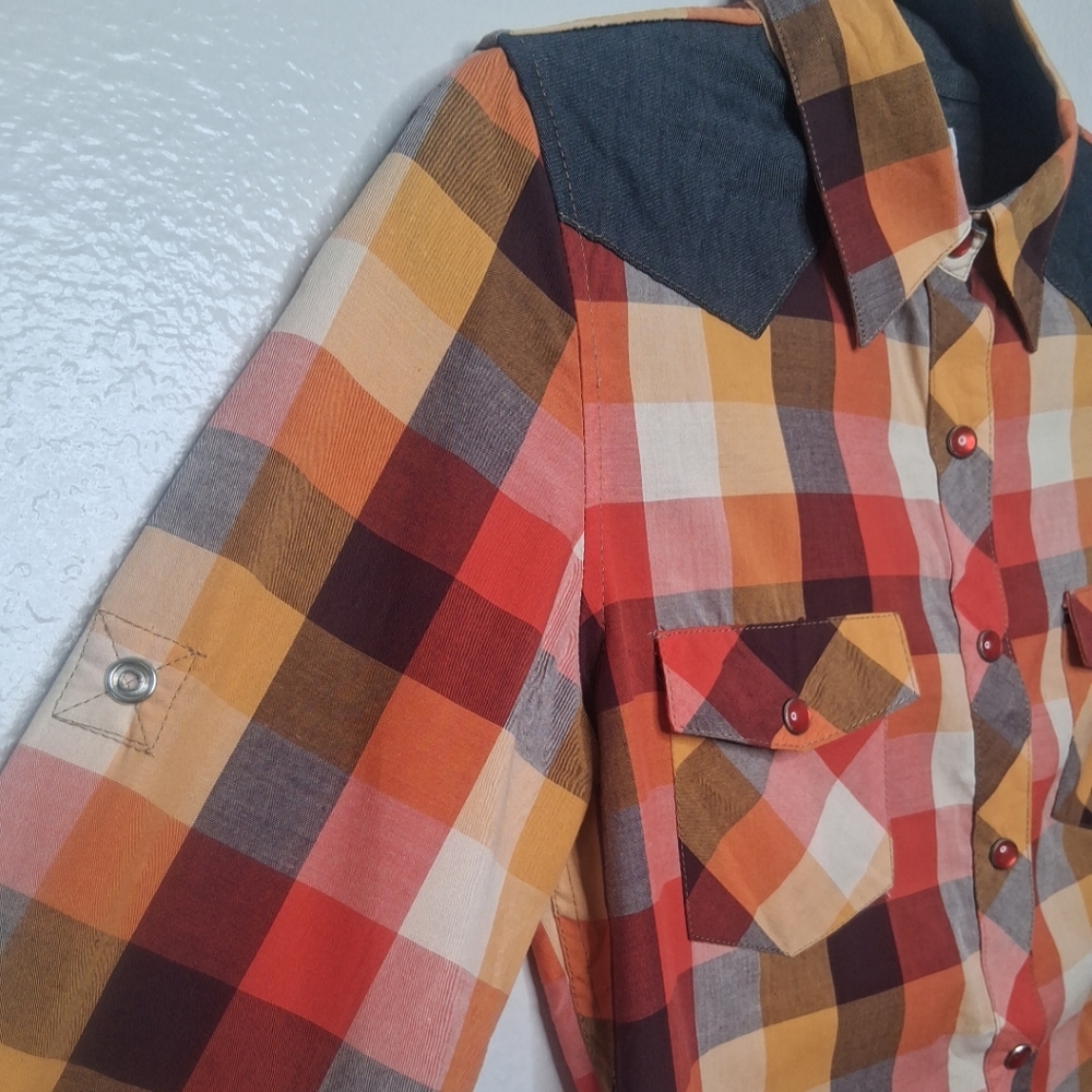 Platini Jeans Cougar Button Up Shirt Womens Multicolor Plaid Western Cowgirl M - Picture 6 of 15
